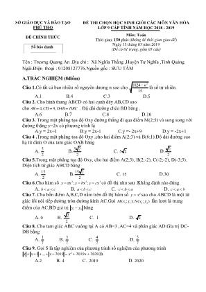 Đề thi chọn học sinh giỏi các môn văn hóa cấp tỉnh môn Toán Lớp 9 - Năm học 2018-2019 - Sở giáo dục và đào tạo Phú Thọ (Có đáp án)