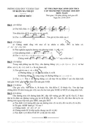 Đề thi chọn học sinh giỏi cấp thành phố môn Toán Lớp 9 - Năm học 2018-2019 - Phòng giáo dục và đào tạo Buôn Ma Thuột (Có đáp án)