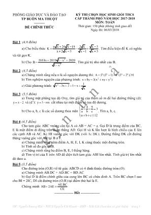Đề thi chọn học sinh giỏi cấp thành phố môn Toán Lớp 9 - Năm học 2017-2018 - Phòng giáo dục và đào tạo Buôn Ma Thuột (Có đáp án)