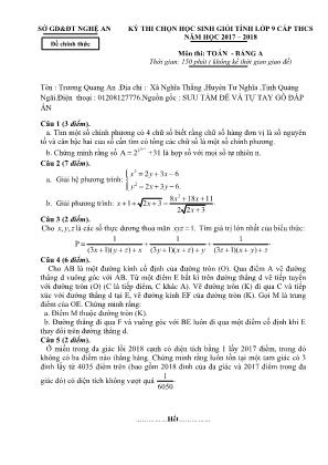 Đề thi chọn học sinh giỏi cấp tỉnh môn Toán Lớp 9 - Bảng A - Năm học 2017-2018 - Sở giáo dục và đào tạo Nghệ An (Có đáp án)