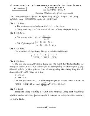 Đề thi chọn học sinh giỏi cấp tỉnh môn Toán Lớp 9 - Bảng A - Năm học 2018-2019 - Sở giáo dục và đào tạo Nghệ An (Có đáp án)