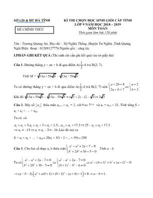 Đề thi chọn học sinh giỏi cấp tỉnh môn Toán Lớp 9 - Năm học 2018-2019 - Sở giáo dục và đào tạo Hà Tĩnh (Có đáp án)