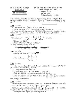 Đề thi chọn học sinh giỏi cấp tỉnh môn Toán Lớp 9 - Năm học 2017-2018 - Sở giáo dục và đào tạo Quảng Ngãi (Có đáp án)