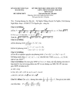 Đề thi chọn học sinh giỏi cấp tỉnh môn Toán Lớp 9 - Năm học 2018-2019 - Sở giáo dục và đào tạo Hải Dương (Có đáp án)