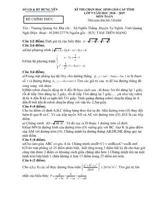 Đề thi chọn học sinh giỏi cấp tỉnh môn Toán Lớp 9 - Năm học 2018-2019 - Sở giáo dục và đào tạo Hưng Yên