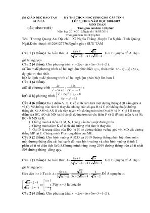 Đề thi chọn học sinh giỏi cấp tỉnh môn Toán Lớp 9 - Năm học 2018-2019 - Sở giáo dục và đào tạo Sơn La (Có đáp án)