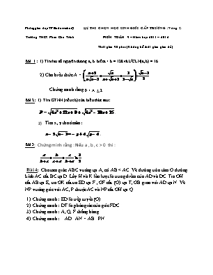 Đề thi chọn học sinh giỏi cấp trường (vòng 2) môn Toán Lớp 9 - Năm học 2011-2012 - Trường THCS Phan Chu Trinh (Có đáp án)