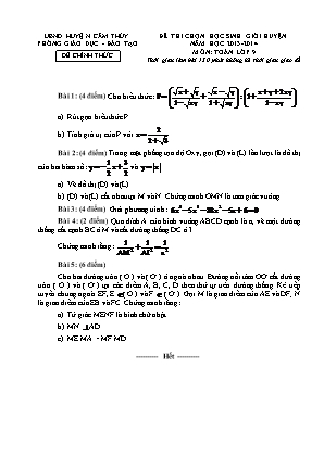 Đề thi chọn học sinh giỏi huyện môn Toán Lớp 9 - Năm học 2012-2013 - Phòng giáo dục và đào tạo Cẩm Thủy (Có đáp án)