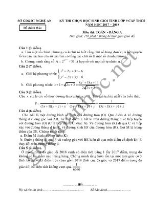 Đề thi chọn học sinh giỏi môn Toán Lớp 9 - Bảng A - Năm học 2017-2018 - Sở giáo dục và đào tạo Nghệ An