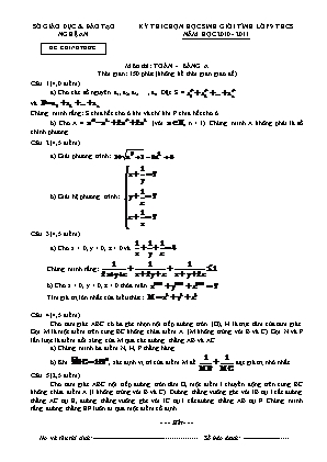 Đề thi chọn học sinh giỏi tỉnh môn Toán Lớp 9 - Bảng A - Năm học 2010-2011 - Sở giáo dục và đào tạo Nghệ An (Có đáp án)