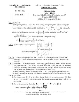 Đề thi chọn học sinh giỏi tỉnh môn Toán Lớp 9 - Năm học 2010-2011 - Sở giáo dục và đào tạo Thanh Hóa (Có đáp án)