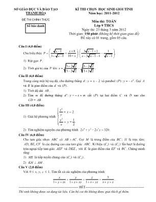 Đề thi chọn học sinh giỏi tỉnh môn Toán Lớp 9 - Năm học 2011-2012 - Sở giáo dục và đào tạo Thanh Hóa (Có đáp án)