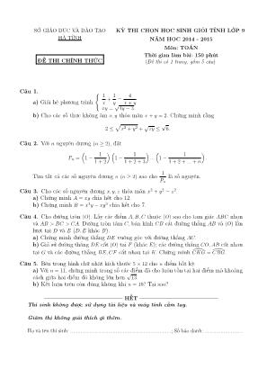 Đề thi chọn học sinh giỏi tỉnh môn Toán Lớp 9 - Năm học 2014-2015 - Sở giáo dục và đào tạo Hà Tĩnh (Có đáp án)
