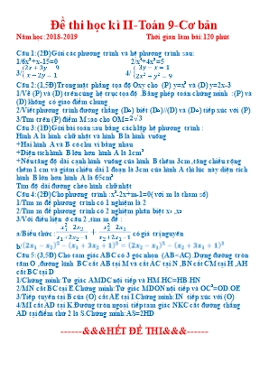 Đề thi học kì II môn Toán Lớp 9 - Năm học 2018-2019 (Có đáp án)