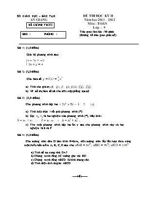 Đề thi học kỳ 2 môn Toán Lớp 9 - Năm học 2011-2012 - Sở giáo dục và đào tạo An Giang (Có đáp án)