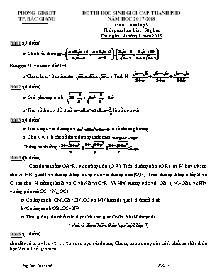 Đề thi học sinh giỏi cấp thành phố môn Toán Lớp 9 - Năm học 2017-2018 - Phòng giáo dục và đào tạo Bắc Giang (Có đáp án)