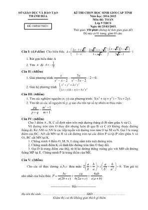 Đề thi học sinh giỏi cấp tỉnh môn Toán Lớp 9 - Năm học 2014-2015 - Sở giáo dục và đào tạo Thanh Hóa (Có đáp án)