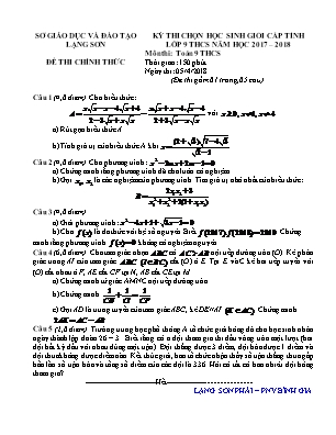 Đề thi học sinh giỏi cấp tỉnh môn Toán Lớp 9 - Năm học 2017-2018 - Sở giáo dục và đào tạo Lạng Sơn (Có đáp án)