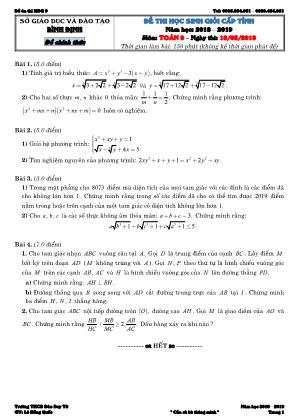 Đề thi học sinh giỏi cấp tỉnh môn Toán Lớp 9 - Năm học 2018-2019 - Sở giáo dục và đào tạo Bình Định (Có đáp án)