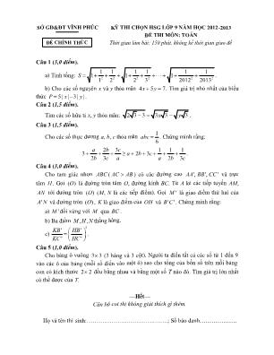 Đề thi học sinh giỏi môn Toán Lớp 9 - Năm học 2012-2013 - Sở giáo dục và đào tạo Vĩnh Phúc