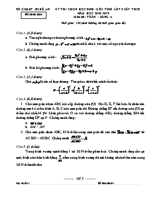 Đề thi học sinh giỏi tỉnh môn Toán Lớp 9 - Bảng A - Năm học 2018-2019 - Sở giáo dục và đào tạo Nghệ An