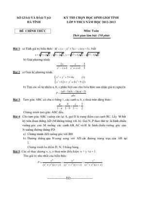 Đề thi học sinh giỏi tỉnh môn Toán Lớp 9 - Năm học 2012-2013 - Sở giáo dục và đào tạo Hà Tĩnh (Có đáp án)