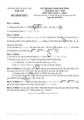 Đề thi học sinh giỏi tỉnh môn Toán Lớp 9 - Năm học 2017-2018 - Phòng giáo dục và đào tạo Đăk Lăk (Có đáp án)