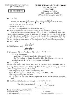 Đề thi khảo sát chất lượng môn Toán Lớp 9 - Năm học 2017-2018 - Phòng giáo dục và đào tạo Long Biên (Có đáp án)