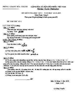 Đề thi thử học kỳ I môn Toán Lớp 9 - Đề số 1 - Năm học 2018-2019 - Phòng giáo dục và đào tạo Hòa Thành (Có đáp án)