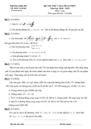 Đề thi thử Lớp 10 THPT môn Toán - Năm học 2018-2019 - Phòng giáo dục và đào tạo Bắc Giang (Có đáp án)