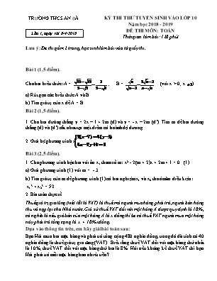 Đề thi thử tuyển sinh vào Lớp 10 môn Toán lần 1 - Năm học 2018-2019 - Trường THCS An Đà (Có đáp án)