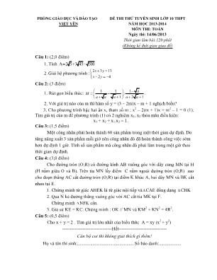 Đề thi thử tuyển sinh vào Lớp 10 THPT môn Toán - Năm học 2013-2014 - Phòng giáo dục và đào tạo Việt Yên (Có đáp án)