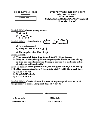 Đề thi thử tuyển sinh vào Lớp 10 THPT môn Toán - Năm học 2017-2018- Sở giáo dục và đào tạo Hải Dương (Có đáp án)