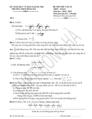 Đề thi thử vào Lớp 10 THPT môn Toán - Đề 1 - Năm học 2018-2019 - Trường THPT Hồng Hà (Có đáp án)