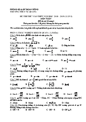 Đề thi thử vào Lớp 10 THPT môn Toán lần I - Năm học 2018-2019 - Trường THCS Vụ Quang (Có đáp án)
