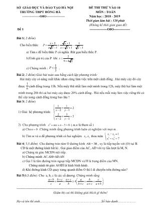 Đề thi thử vào Lớp 10 THPT môn Toán năm - Đề số 1 - Năm học 2018 – 2019 - Trường THPT Hồng Hà (Có đáp án)