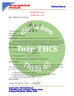 Đề thi thử vào Lớp 10 THPT môn Toán - Năm học 2017-2018 - Nguyễn Thu Hà (Có đáp án)