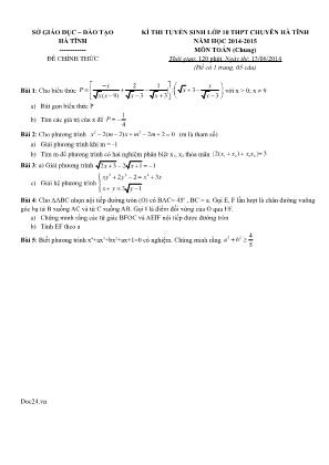 Đề thi tuyển sinh Lớp 10 THPT chuyên Hà Tĩnh môn Toán - Năm học 2014-2015 - Sở giáo dục và đào tạo Hà Tĩnh (Có đáp án)