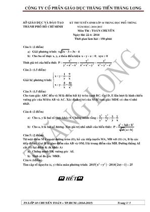 Đề thi tuyển sinh Lớp 10 THPT môn Toán (Chuyên) - Năm học 2014-2015 - Sở GD & ĐT thành phố Hồ Chí Minh (Có đáp án)