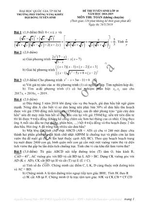 Đề thi tuyển sinh Lớp 10 THPT môn Toán (Không chuyên) - Năm học 2018-2019 - Đại học Quốc gia thành phố Hồ Chí Minh (Có đáp án)
