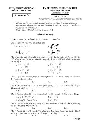 Đề thi tuyển sinh Lớp 10 THPT môn Toán - Năm học 2017-2018 - Sở GD & ĐT Cần Thơ (Có đáp án)