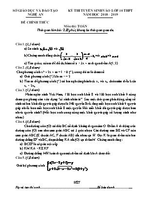 Đề thi tuyển sinh Lớp 10 THPT môn Toán - Năm học 2018-2019 - Sở GD & ĐT Nghệ An (Có đáp án)