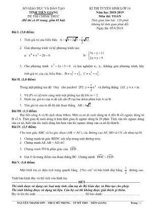 Đề thi tuyển sinh Lớp 10 THPT môn Toán - Năm học 2018-2019 - Sở giáo dục và đào tạo Tiền Giang (Có đáp án)