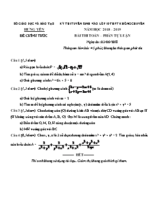 Đề thi tuyển sinh Lớp 10 THPT môn Toán - Năm học 2018-2019 - Sở giáo dục và đào tạo Hưng Yên (Có đáp án)
