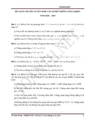 Đề thi tuyển sinh Lớp 10 THPT môn Toán - Năm học 2018-2019 - Trường THPT năng khiếu