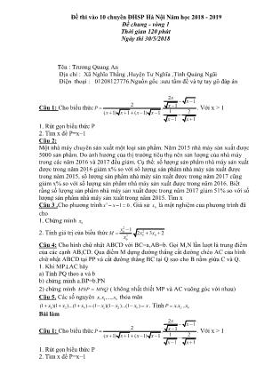 Đề thi tuyển sinh vào Lớp 10 THPT chuyên Đại học sư phạm Hà Nội môn Toán - Vòng 1 - Năm học 2018-2019