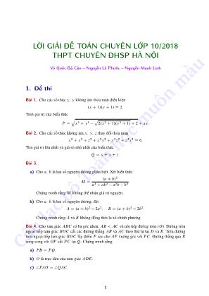 Đề thi tuyển sinh vào Lớp 10 THPT chuyên Đại học Sư phạm Hà Nội môn Toán năm 2018 (Có đáp án)