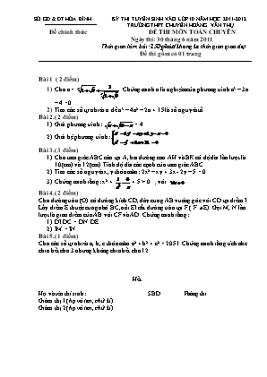 Đề thi tuyển sinh vào Lớp 10 THPT chuyên Hoàng Văn Thụ môn Toán - Năm học 2011-2012 - Sở giáo dục và đào tạo Hòa Bình (Có đáp án)