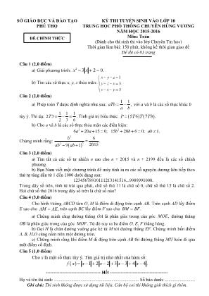 Đề thi tuyển sinh vào Lớp 10 THPT chuyên Hùng Vương môn Toán - Năm học 2015-2016 - Sở giáo dục và đào tạo Phú Thọ (Có đáp án)