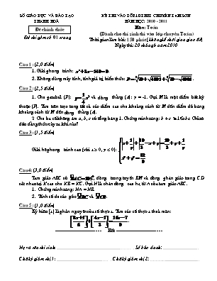 Đề thi tuyển sinh vào Lớp 10 THPT chuyên Lam Sơn môn Toán - Năm học 2010-2011 - Sở giáo dục và đào tạo Thanh Hóa (Có đáp án)